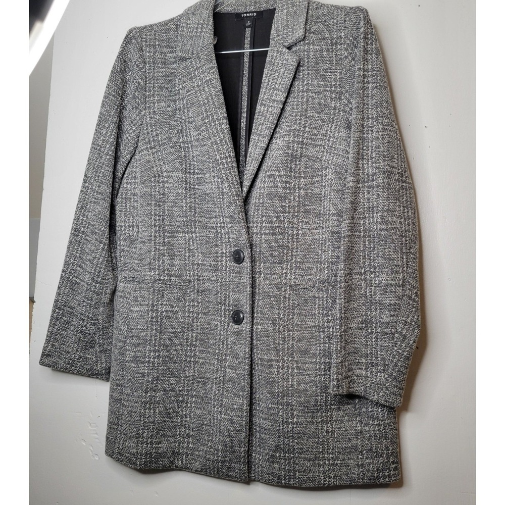 Torrid Knit Blazer Women Sz 1 Grey Black Plaid Longline 2-Button Career Jacket - Picture 3 of 15